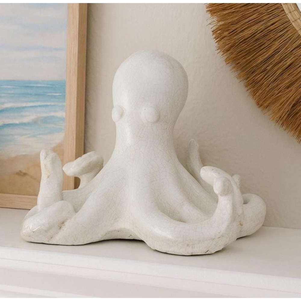 Vintage Ceramic Octopus Figurine Crackle Glaze Coastal Decor